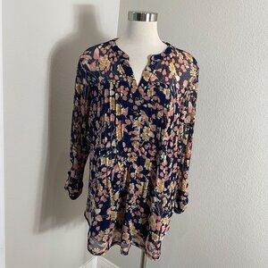 Cocomo Woman Plus 2X Floral Blouse Roll Tab Sleeve Tunic Top Stretch Mesh Shirt